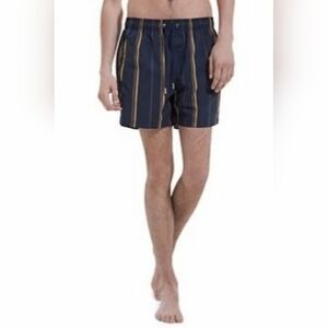 The Kooples Navy Blue & Gold Swim Trunks W/ Stripes & Zip-Up Pockets